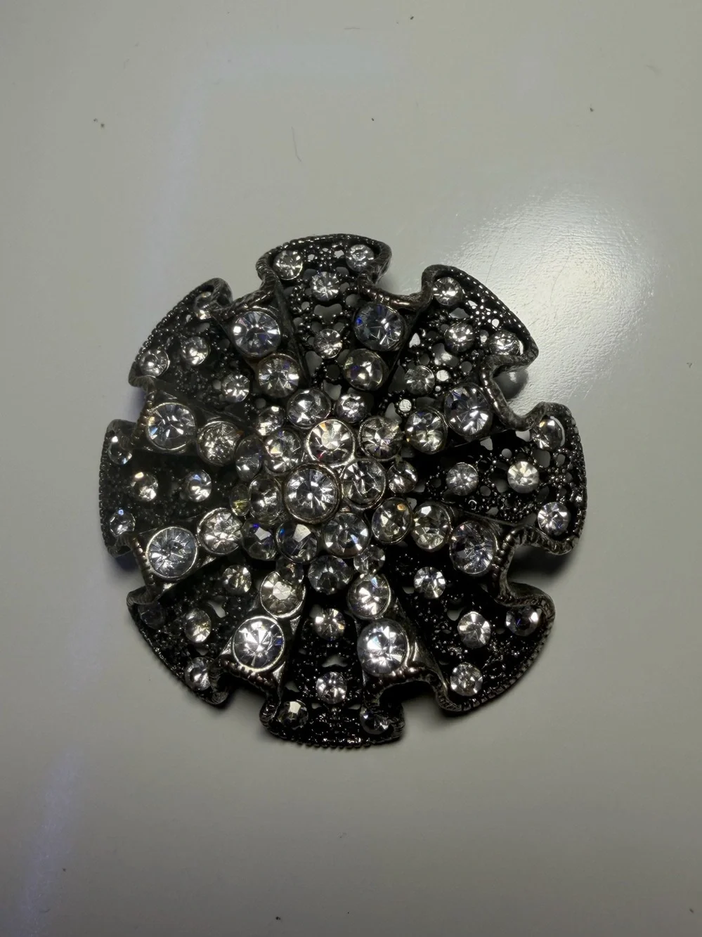 Rhinestone Floral Statement Brooch - Silver Tone